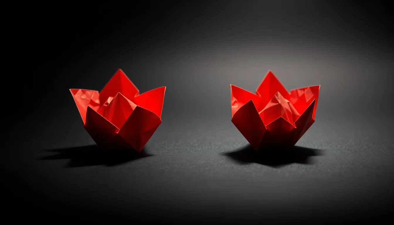 This image features an exquisite piece of origami art made from vibrant red and gold paper, dramatically illuminated by soft Rembrandt lighting. The intricate folds and crumpled texture of the paper are sharply showcased against a smooth black background, enhancing the festive feel. The shallow depth of field creates an enchanting bokeh, drawing attention to the artistry of the paper. This striking composition is ideal for art and design enthusiasts seeking visually captivating imagery.