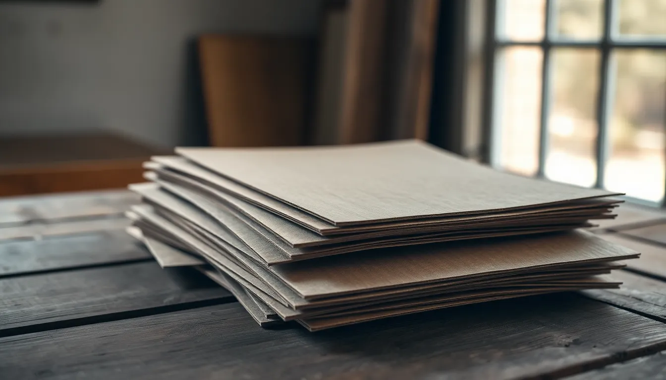 This image captures the layered textures of cardboard sheets artfully arranged on a rustic wooden table. Natural light from a window softly illuminates the scene, enhancing the warm, muted earth tones. The shallow depth of field isolates the detailed fibers of the cardboard, creating a striking contrast against the rich wooden surface. This composition highlights both the beauty of natural materials and the art of minimalism, making it ideal for creative projects and design inspiration.