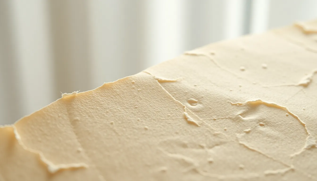 This exquisite close-up features handmade textured paper, revealing its unique fibers and delicate imperfections. Soft natural light filters through a curtain, creating an inviting atmosphere with warm whites and soft tan hues. The shallow depth of field accentuates the intricate details of the paper while the softly blurred background adds depth. This image invites viewers to appreciate the artisanal craftsmanship and quality of the paper, ideal for artistic or craft-related projects.