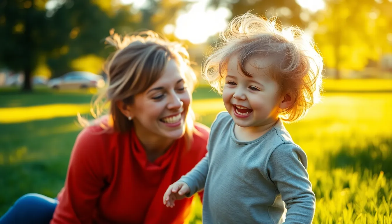 This heartwarming image captures a mother and her toddler playing in a sunlit park during golden hour. The warm light envelops them as they interact joyfully, creating a serene and loving atmosphere. The vibrant colors and soft bokeh highlight their natural expressions and textures, making the viewer feel the closeness of their bond. The lush, dewy grass beneath their feet enhances the freshness of the moment.