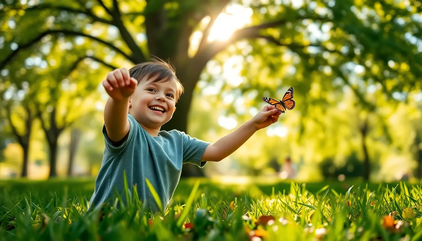 Child Playing in Nature During Golden Hour A delightful scene featuring a young child, dressed in a light cotton shirt, with a joyful expression as they try to catch a butterfly. The warm dappled sunlight filtering through the leaves creates a magical ambiance, while the soft greens of the grass enhance the overall cheerful mood. The composition captures the child's playful spirit, set against a backdrop of lush nature, evoking feelings of innocence and wonder.