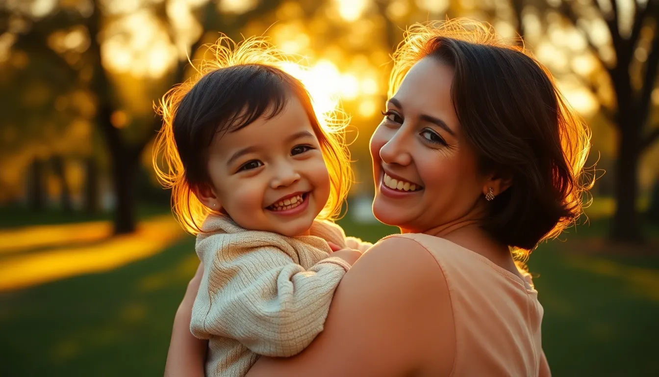 This heartwarming image captures a mother and child enjoying a playful moment in a sunlit park during golden hour. The soft, warm colors create an ambiance of happiness and intimacy, with the mother's gentle smile and the child's laughter radiating joy. The sun's golden backlight creates a beautiful halo effect, highlighting their love. The shallow depth of field beautifully blurs the background, emphasizing the tender connection between them.