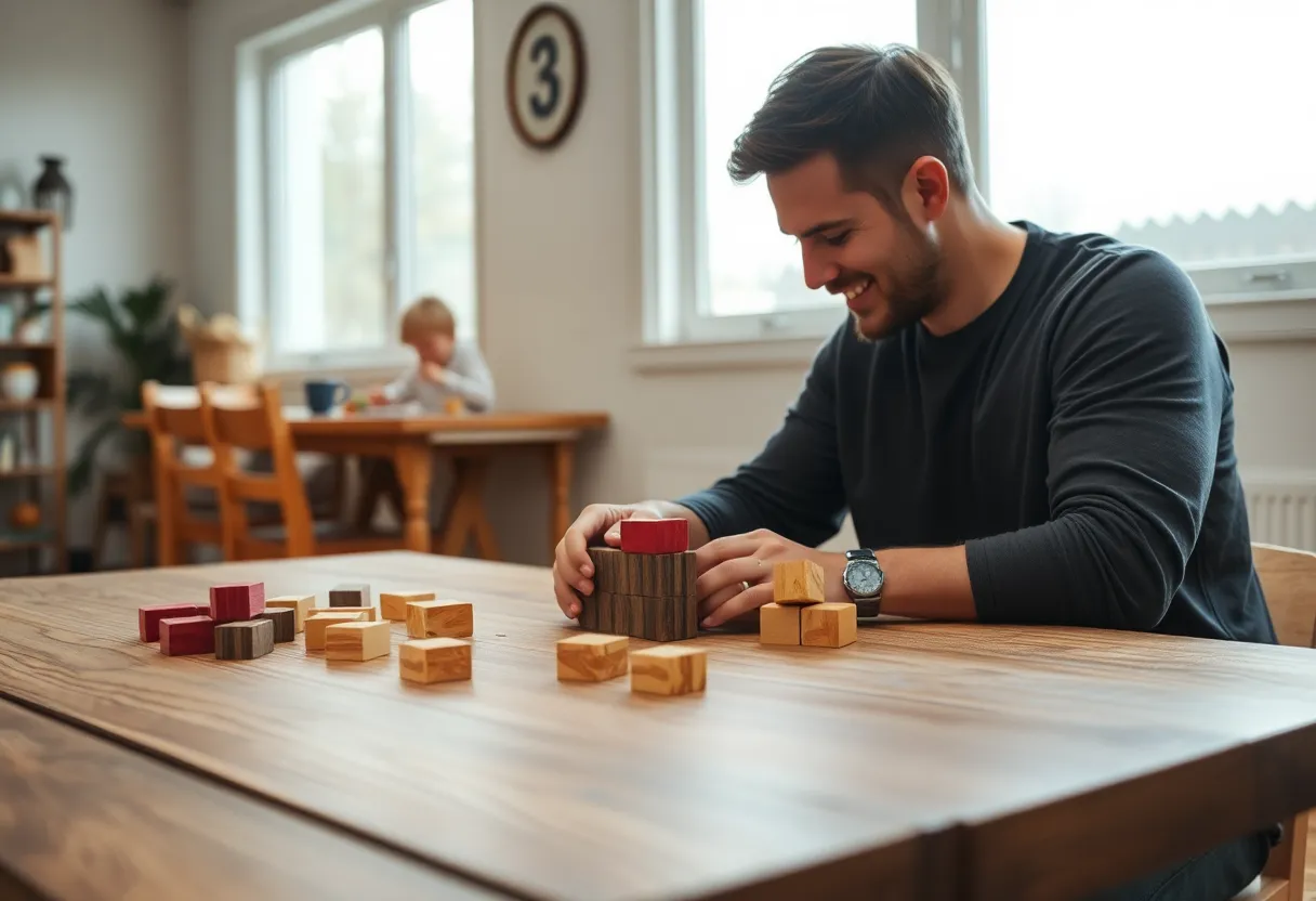 This intimate scene captures a mother playing with her toddler in a sunlit living room. Soft golden hour light filters through the window, illuminating their joyful expressions and creating a warm, inviting atmosphere. The carefully arranged background, with its natural textiles, enhances the cozy feel of the moment. The shallow depth of field draws focus to their interaction, highlighting the bond they share.