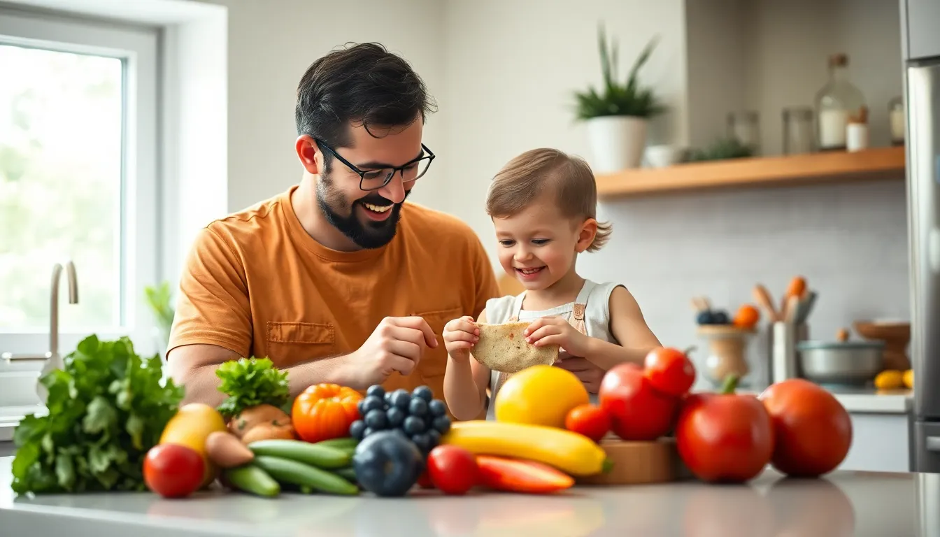 Father Cooking Healthy Snacks with Child in Kitchen This vibrant image captures a father and child engaging in a healthy cooking session in their kitchen. The overcast daylight creates a bright atmosphere, highlighting the vivid colors of fresh ingredients. With a focus on the delightful interaction between them, the image celebrates the joys of parenting and the importance of healthy habits.