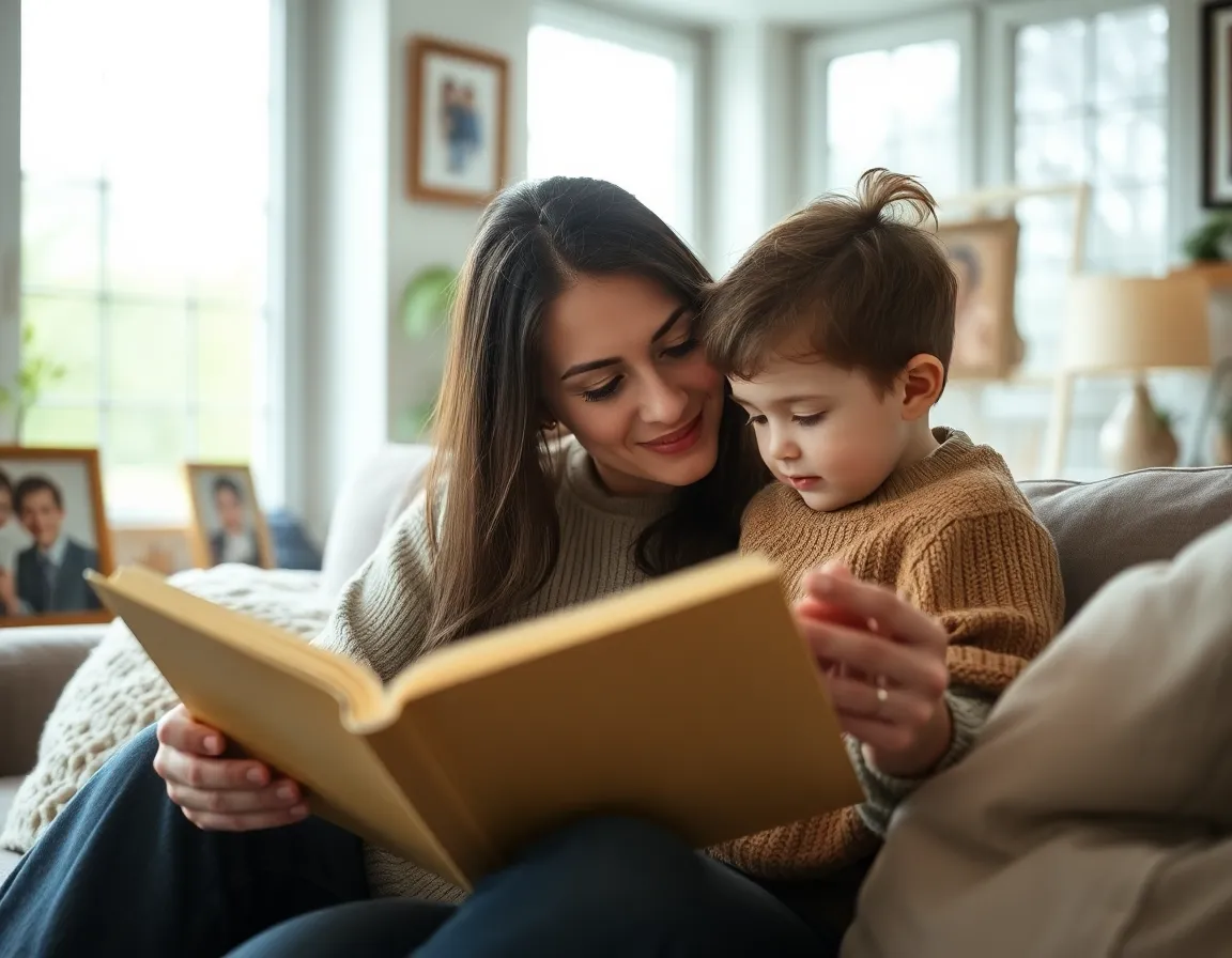 This intimate close-up captures a mother reading to her child in a cozy living room filled with natural light. The warm hues of the room and the soft textures of cushions create a nurturing environment. Their connection is palpable as they engage with each other, surrounded by family memories displayed in photographs. Ideal for emphasizing the joys and importance of reading together.