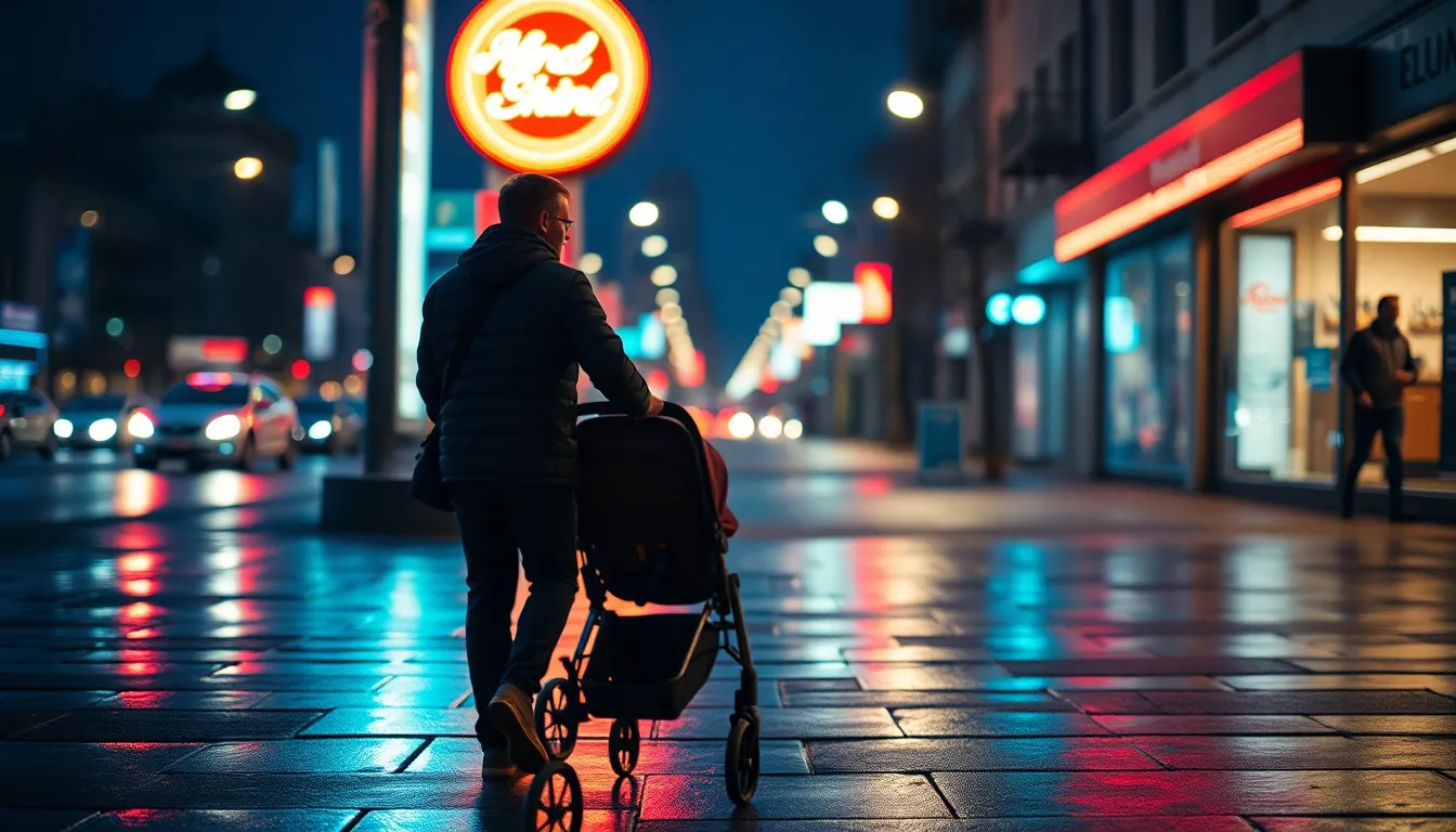 Father Strolling at Night with Baby