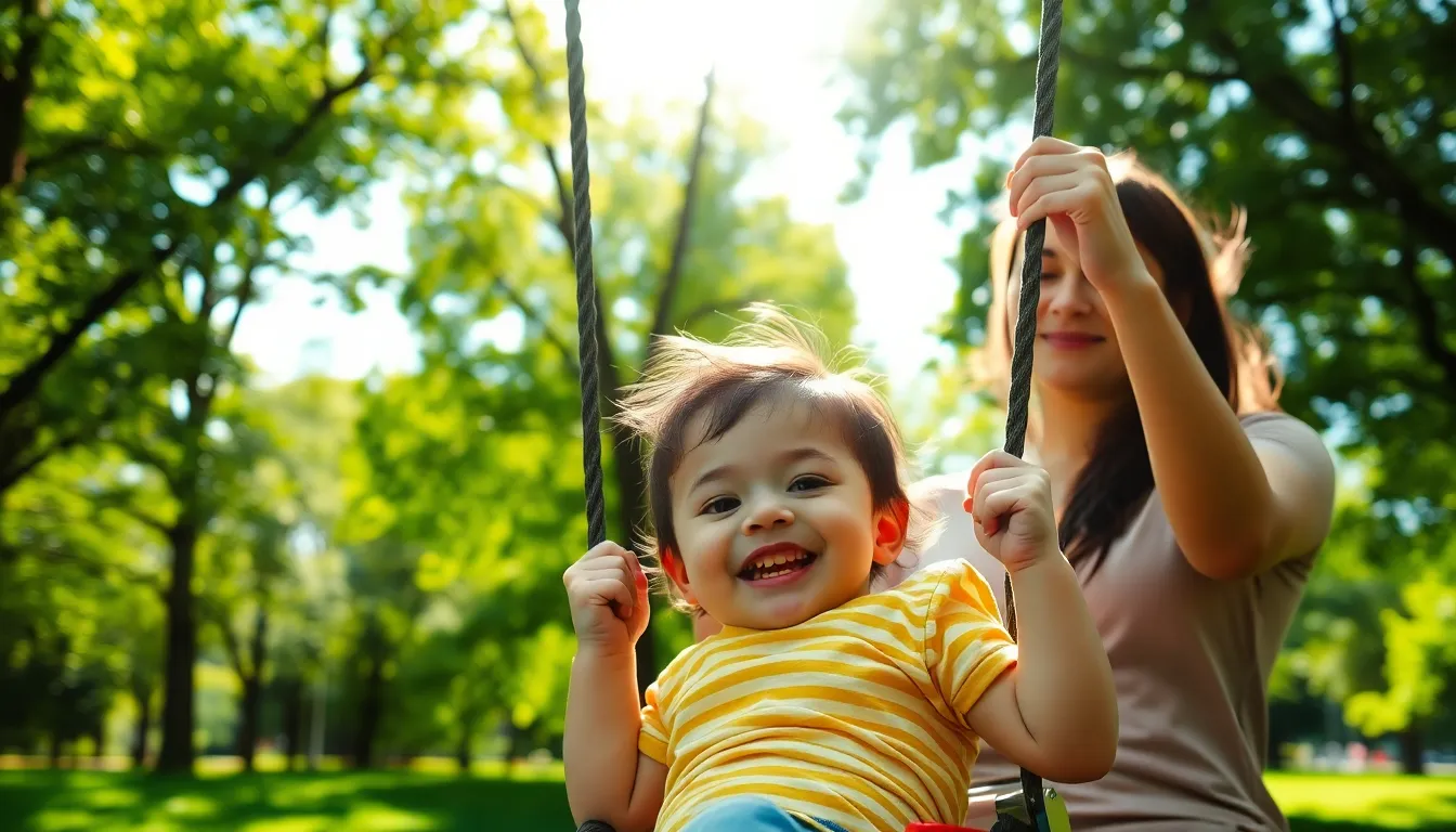 In a lively park setting, a mother joyfully pushes her child on a swing under beautiful dappled sunlight. The vibrant greens of the surroundings enhance the playful mood, while the child's delighted expression captures the essence of outdoor fun. The shallow depth of field draws focus to the interaction, creating an inviting scene that celebrates the joys of parenting. This bright and colorful image showcases the beautiful bond between mother and child.