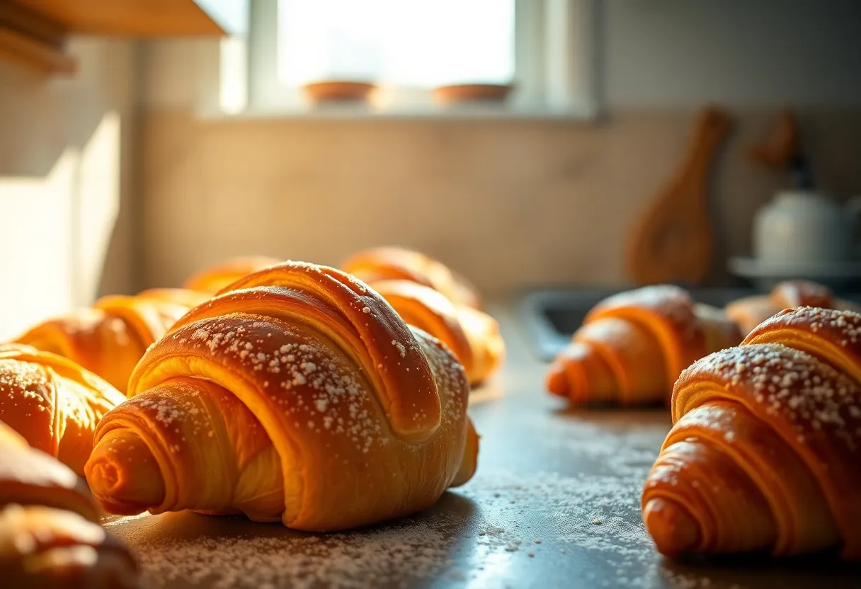 A captivating display of freshly baked pastries glistening in the morning light on a kitchen countertop. The vibrant colors pop due to the bright lighting, enhancing the golden hues of croissants and danishes. The macro perspective captures intricate details like flaky layers and a light dusting of flour, inviting a sense of indulgence. The composition thoughtfully positions the croissant to draw attention, reflecting a warm mornings' joy.