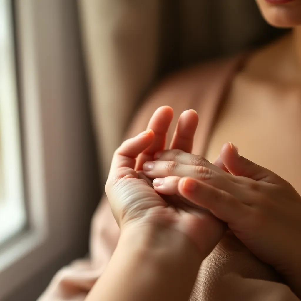 In this touching close-up image, a mother cradles her infant's tiny fingers in her hand, symbolizing the deep connection shared between them. The soft, diffused daylight bathes their hands in a gentle glow, emphasizing the natural textures of their skin. The shallow depth of field draws the viewer's attention to the tender moment, while soft muted colors enhance the warmth and love present in this intimate scene. It's a beautiful representation of parenting and affection.