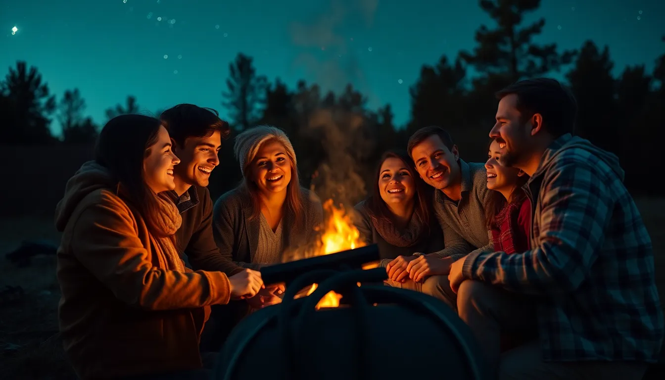 This vibrant scene captures a family gathered around a crackling campfire, their faces illuminated by the warm firelight against a starry night sky. The cinematic teal and orange color grading enhances the festive mood, while the clarity from hyperfocal distance maintains a sharp focus on their joyful expressions. The centered composition fosters a sense of togetherness, showcasing the magic of storytelling and bonding in the outdoors. Textures of the fire and natural surroundings add depth to this memorable moment.