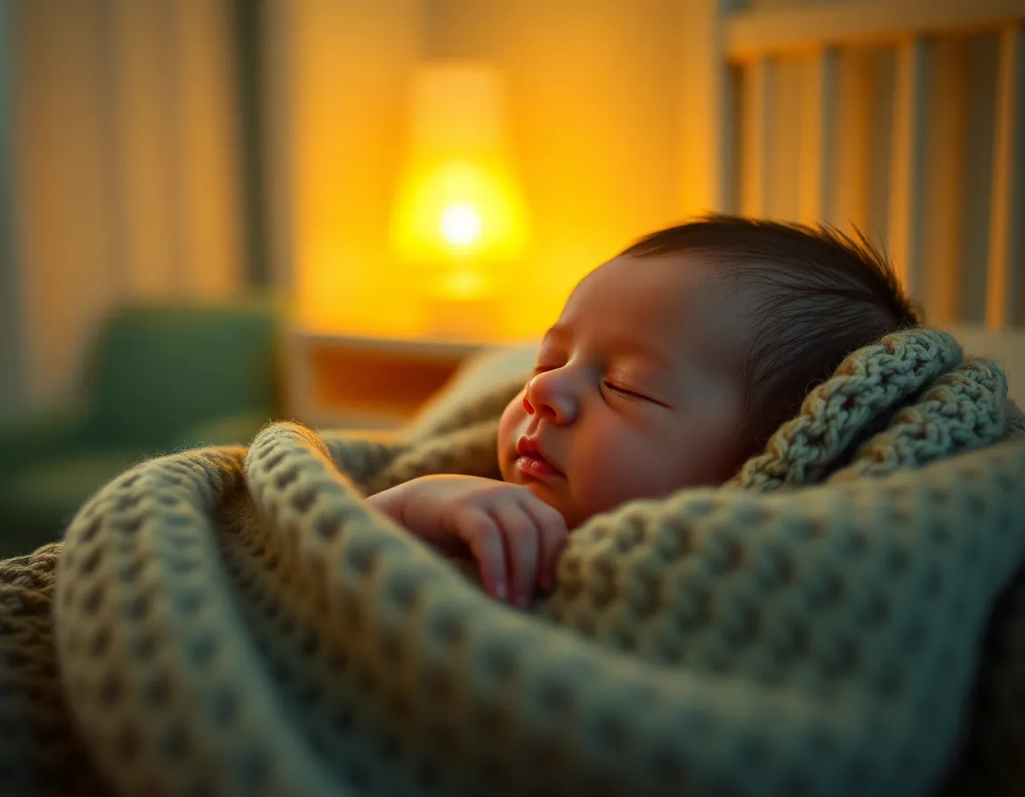 This serene close-up portrait captures a newborn peacefully sleeping in a cozy nursery. The warm ambient light casts a gentle glow on the delicate features, while the soft textures of the knitted blanket contribute to a sense of comfort and safety. The use of warm colors creates an intimate atmosphere, ideal for a parents' cherished moments.