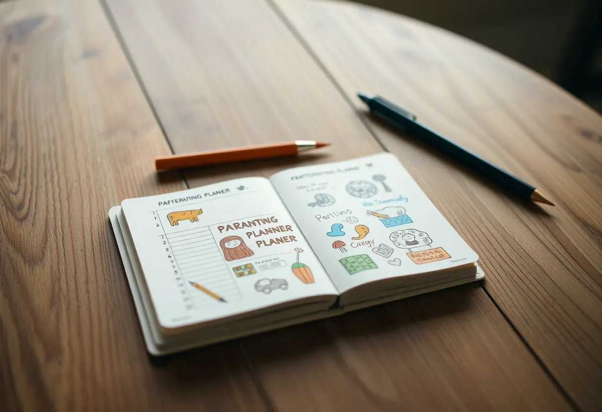 Creative Parenting Planner on a Wooden Table An artistic depiction of a hand-drawn parenting planner laid out on a beautifully grained wooden table. The soft overhead lighting enhances the intricate illustrations and soft colors of the paper, inviting creativity and organization. The composition is symmetrical, drawing attention to the thoughtful details that parents can use to manage their family lives.