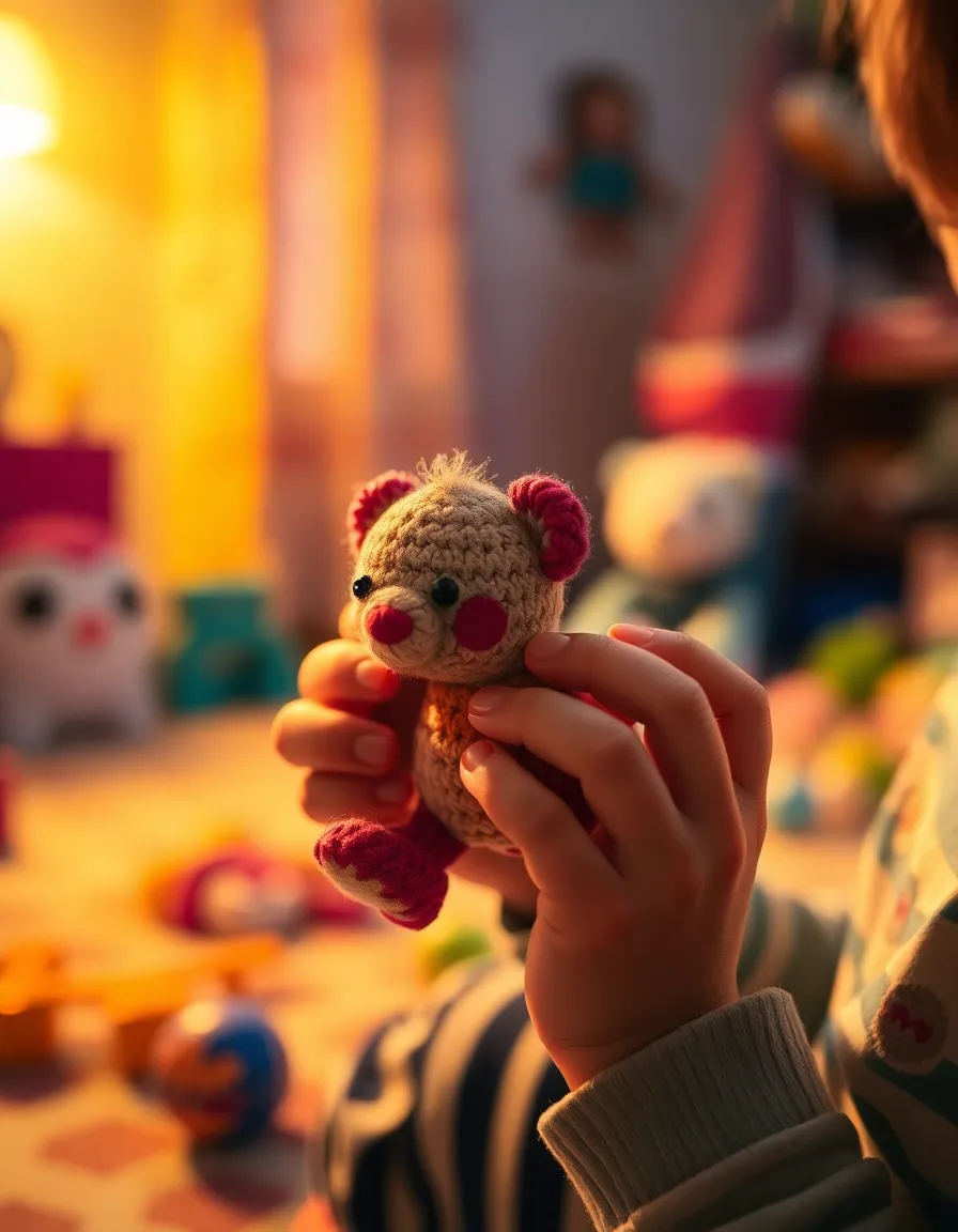 Child Holding Handmade Toy with Care This charming image showcases a child lovingly holding a handmade toy, rendered in exquisite detail with a macro lens. The warm tungsten light creates dramatic shadows that enhance the textures of the toy and the child's hands. The vibrant colors contribute to a playful ambiance, while the cozy room in soft focus adds depth to the scene, emphasizing the joy of childhood and the importance of imaginative play.