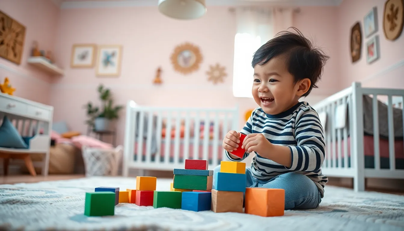 This playful image captures a joyful child engrossed in building blocks within a beautifully decorated nursery. The butterfly lighting creates soft, flattering shadows that highlight the child's features and the vibrant colors of the blocks, creating an engaging scene. The Dutch angle adds a sense of energy and movement to the moment, while the visible texture of the soft cotton fabric in the surroundings enhances the cozy atmosphere. This representation of imaginative play is a delightful part of parenting.