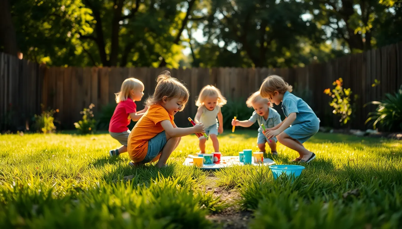 In a lively backyard, a group of siblings excitedly paints together under a warm, dappled sunlight. The bright colors of their artwork and the lush greenery create a vibrant and joyful atmosphere, emphasizing creativity and togetherness. The composition effectively guides the viewer's eye toward the children and their art, celebrating the bond of siblinghood through a fun outdoor activity.
