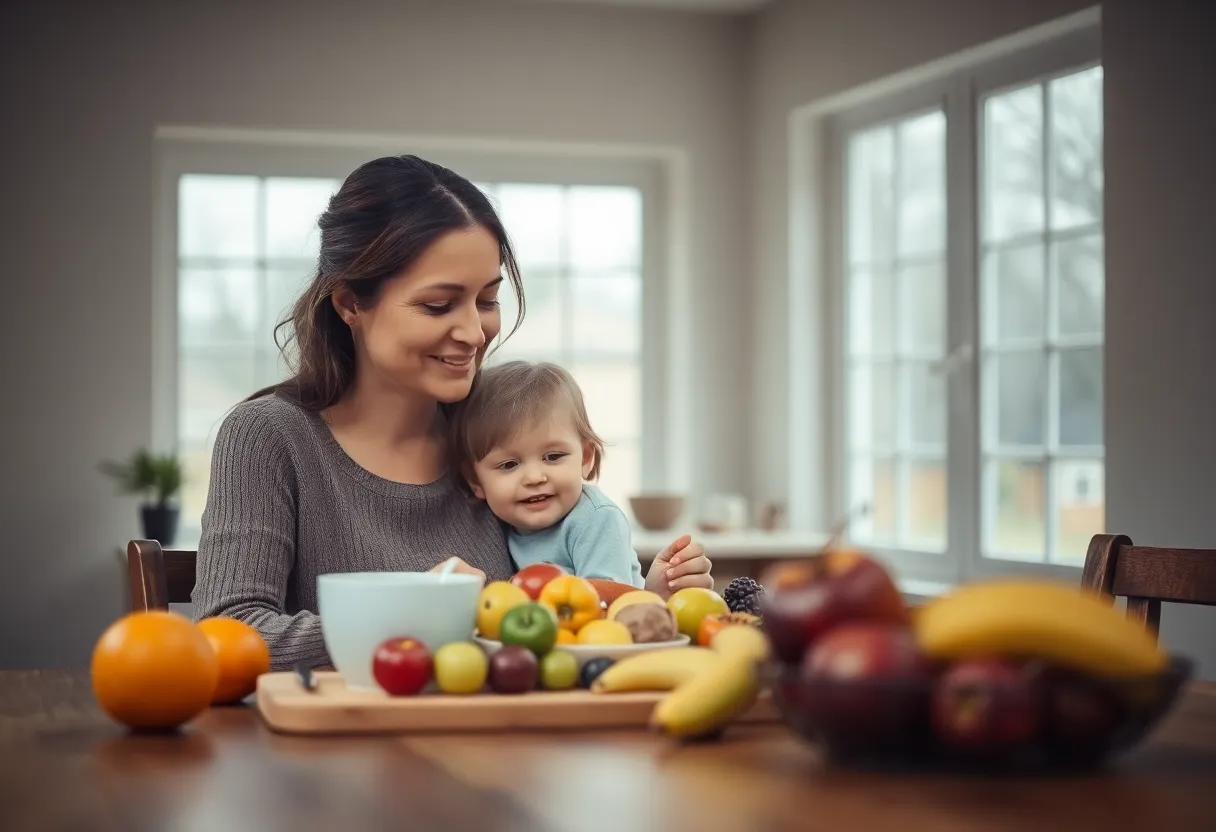 Mother and Child Enjoying Breakfast Together A serene indoor scene captures a mother and child sharing a quiet breakfast together at a beautifully set wooden table, bathed in soft, diffused daylight from large windows. Natural, muted tones create a calm atmosphere as they enjoy an array of colorful fruits and pastries. The shallow depth of field highlights their expressions of love and contentment, making this moment feel timeless and precious.