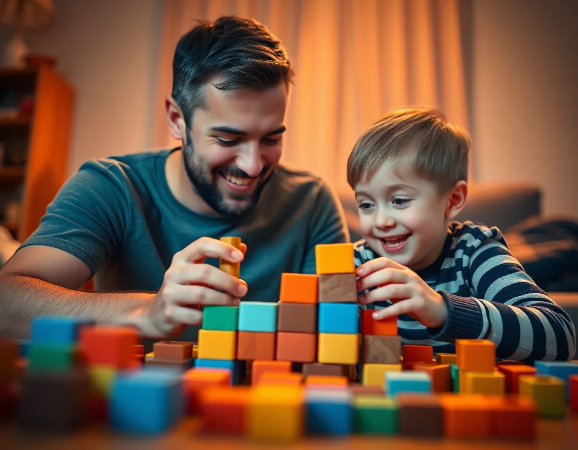 This heartwarming image features a father and son engrossed in a playful moment as they build with colorful blocks in their cozy living room. The warm tungsten lighting casts a delightful glow, enriching the scene's intimate atmosphere. The selective focus brings attention to their joyful expressions and the tactile details of the blocks, while the leading lines enhance the sense of togetherness. This captures the essence of nurturing relationships in parenting.