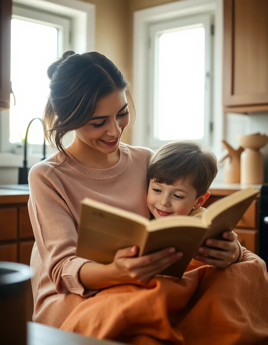 An intimate moment captured as a mother reads a bedtime story to her son in a cozy kitchen setting. The warm sunlight filters through the windows, creating an inviting atmosphere filled with love and comfort. The close-up focus on their shared expressions captures the joy of storytelling, while the tactile textures of the kitchen elements enhance the homey vibe. This image beautifully encapsulates the nurturing side of parenting.