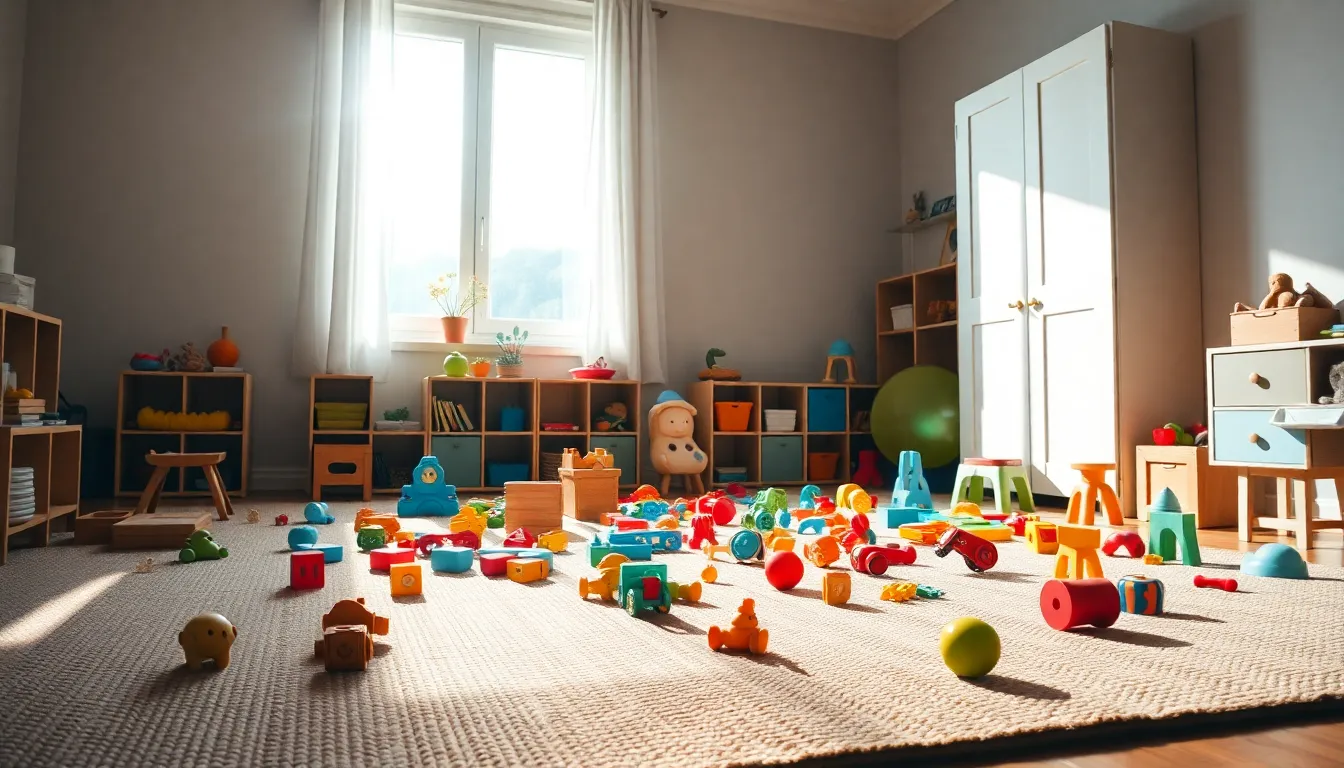 A vibrant playroom alive with color and creativity, bathed in natural daylight. The scene captures various toys scattered playfully across the floor, inviting imaginative play. The use of depth ensures every detail is sharp, from the textures of the rug to the bright colors of the toys. The balanced composition enhances the playful atmosphere, making it a perfect representation of a nurturing parenting environment.