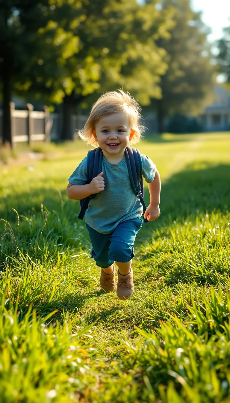 This dynamic image captures a child energetically running towards school on a bright morning. The selective focus highlights the child's eager expression, while the surrounding grass sparkles with morning dew. The composition utilizes leading lines to draw the viewer's attention to the joyful movement, encapsulating the excitement of a new school day. The rich greens and blues of the environment provide a lively background, reinforcing the carefree spirit of childhood.