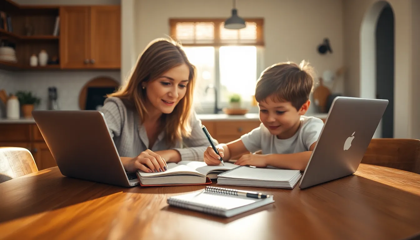 This engaging image shows a mother assisting her child with homework at their lively kitchen table. The natural daylight filtering through the window creates an inviting atmosphere, illuminating the cheerful chaos of their environment. The focus is sharp on their expressions, showcasing concentration and collaboration, while the background softly blurs. The warm earth tones of the kitchen elements evoke a sense of comfort and familiarity.