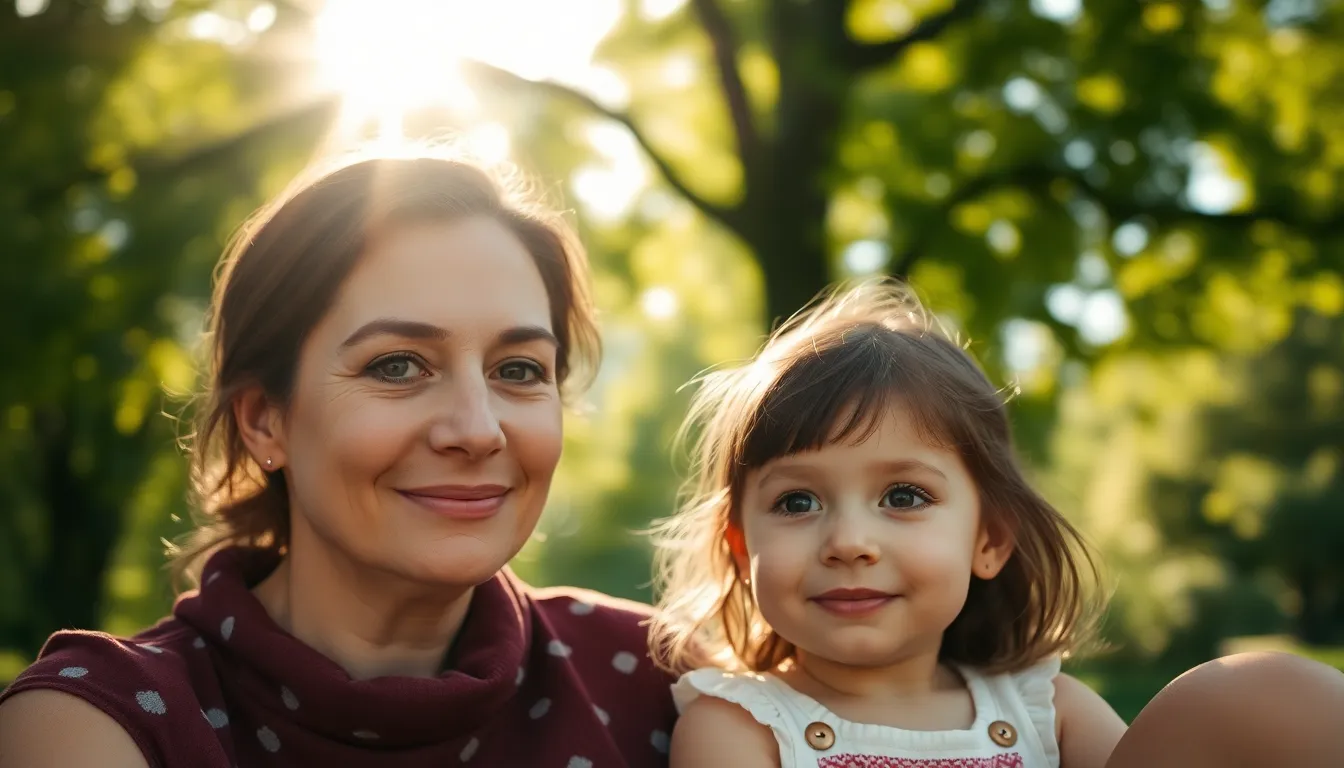 In this vibrant scene, a mother and daughter are depicted enjoying a picnic beneath a lush tree canopy, with dappled sunlight creating enchanting bokeh highlights around them. The saturated colors of nature harmonize beautifully with their playful expressions, enhancing the joy of their shared experience. The selective focus emphasizes the bond between them while the background remains artistically blurred. This image perfectly captures a cherished moment in parenting amidst nature.
