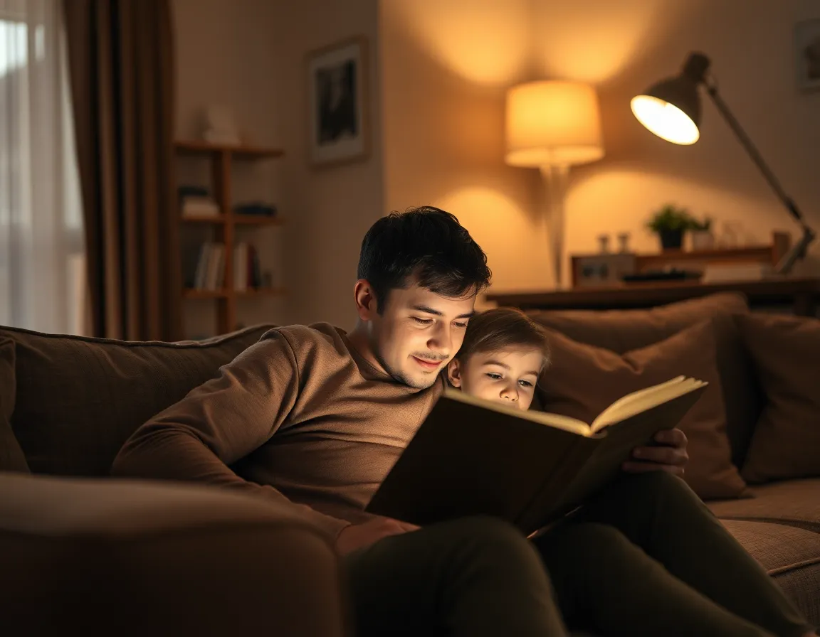 In a softly lit living room, a father and child share a delightful reading session. The warm glow from a tungsten lamp envelops them, creating a cozy atmosphere perfect for bonding. Their expressions are full of engagement, showcasing the joy of storytelling. The muted color palette enhances the intimate mood, while the composition draws focus to their shared moment, framed by elements of their cozy home.