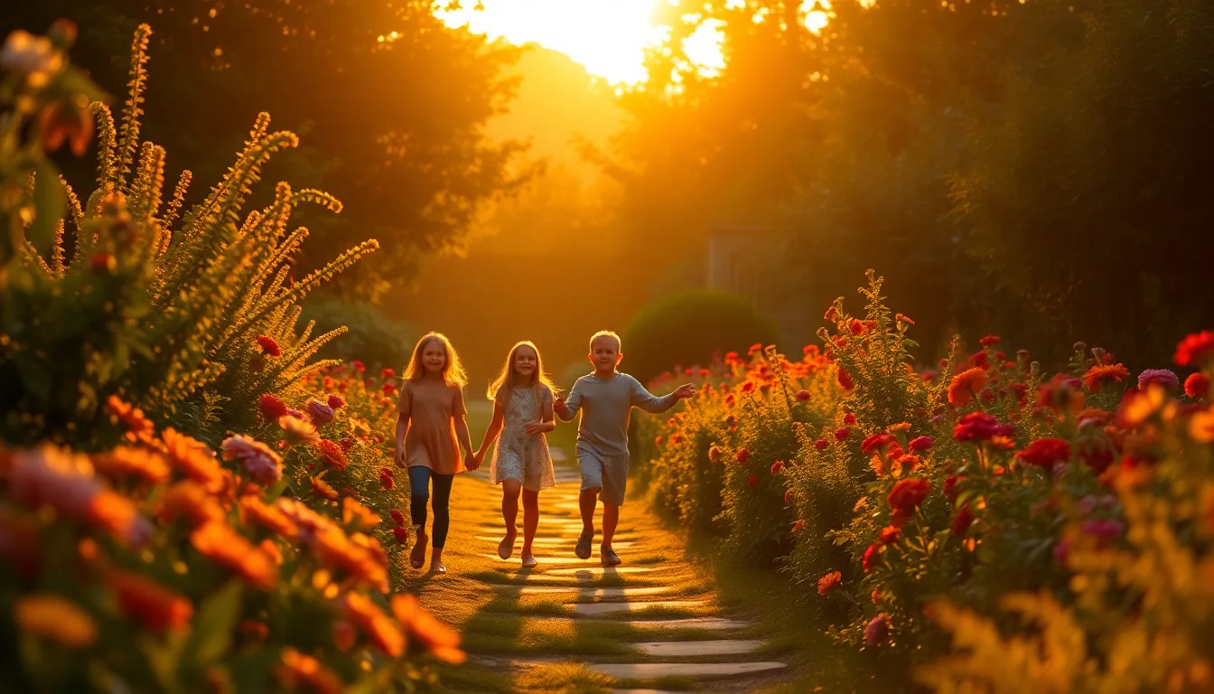 Family Playing Together in a Vibrant Garden Captured during the golden hour, a family is seen joyfully playing together in a vibrant garden, framed beautifully by the soft warm backlight. The scene is alive with colorful flowers and rich green foliage, creating an inviting and cheerful atmosphere. Leading lines draw the viewer’s eye toward the family, showcasing their playful interactions and the beauty of family bonding amidst nature's splendor.
