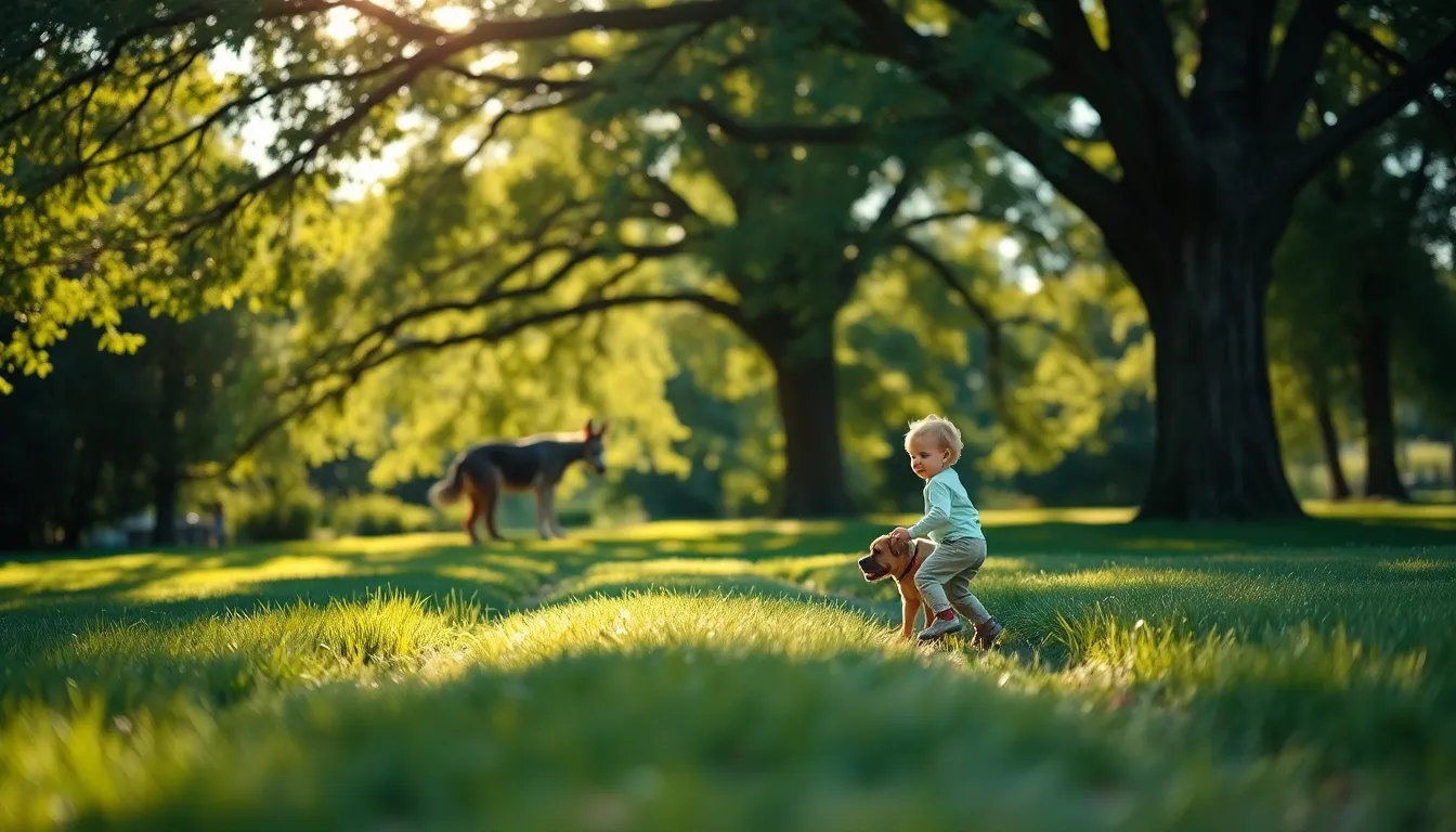 Child Playing in Nature with Dog An exuberant child playing joyfully with a dog in a lush outdoor setting. Dappled sunlight filters through overhead trees, creating beautiful bokeh effects that complement the vivid greens of the grass and foliage. The composition is enhanced with leading lines from the path, drawing the viewer's eye toward the playful interaction.