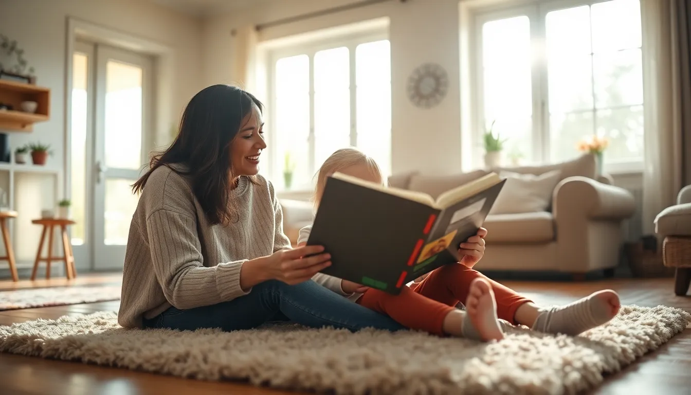 Mother Reading to Child in Cozy Living Room A heartfelt moment captured in a bright living room as a mother reads a story to her child. Natural light filters through large windows, illuminating their faces with a warm glow. The scene radiates comfort and intimacy, enhanced by the soft textures of the rug and clothing. The overall composition invites the viewer into a familiar and cherished moment of parenting.