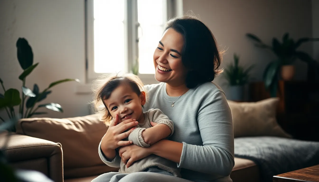 Mother and Child in Cozy Living Room This heartwarming image captures a mother joyfully playing with her child in a warm and inviting living room. The natural light streaming through the window enhances the soft textures of the room, showcasing a nurturing atmosphere. The subjects' laughter and playful gestures create a sense of connection, emphasizing the beauty of parenting. Earthy tones and a carefully composed setting invite warmth and comfort into the scene.