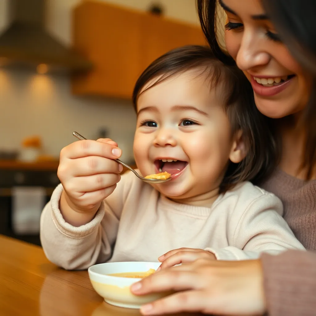 Mother Feeding Baby in Cozy Kitchen This intimate close-up image reveals a tender moment between a mother and her baby as she lovingly feeds her little one in a cozy kitchen setting. The warm hues of the wooden table and soft pastel colors of the clothing contribute to the comforting atmosphere. The close focus on their expressions captures the joy and connection inherent in parenting, making it a beautifully relatable scene. It's a vivid portrayal of the nurturing bond between mother and child.
