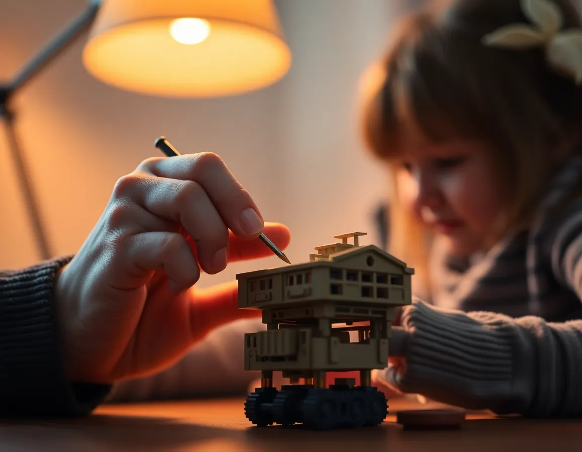 A close-up capture of a father guiding his daughter in building a toy model, emphasizing the skill and care involved. The warm glow from the desk lamp envelops the scene, creating a cozy atmosphere perfect for hands-on learning. The details of their hands engaged in the creative process convey a strong bond, while the rich color tones add an artistic flair. This image beautifully illustrates the joys of parenting and collaborative play.