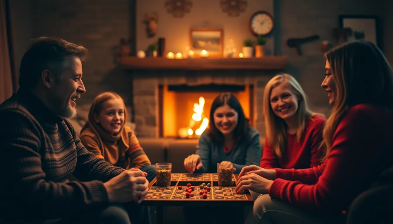 Family Game Night by the Fire This cozy scene captures a family enjoying a game night by the warm glow of the fireplace. Flickering shadows dance around the room, creating an inviting atmosphere filled with laughter and joy. The deep orange and brown tones enhance the warmth of the moment, showcasing the importance of family connections in a relaxed setting.