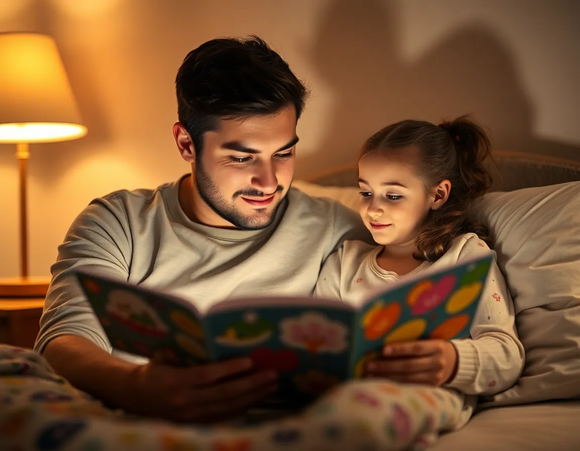 This intimate scene features a father reading a bedtime story to his daughter in a cozy, warmly-lit room. The soft glow from the lamp sets a comforting mood, enhancing the bond between them as they share this quiet moment. The shallow depth of field highlights their joyful expressions while blurring the colorful books around them. The natural muted tones of their clothing and surroundings create an inviting atmosphere perfect for winding down.