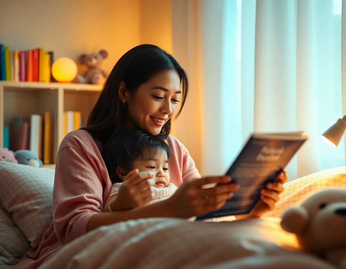 Mother Reading Bedtime Story to Child This serene image captures a mother and her child sharing a quiet bedtime story in a softly lit bedroom. The warm glow from the bedside lamp creates a cozy atmosphere filled with love and comfort. With the focus on their engaged expressions, the softly blurred background of books and toys enhances the intimate setting. This moment beautifully encapsulates the nurturing bond of motherhood and the importance of bedtime stories in childhood.