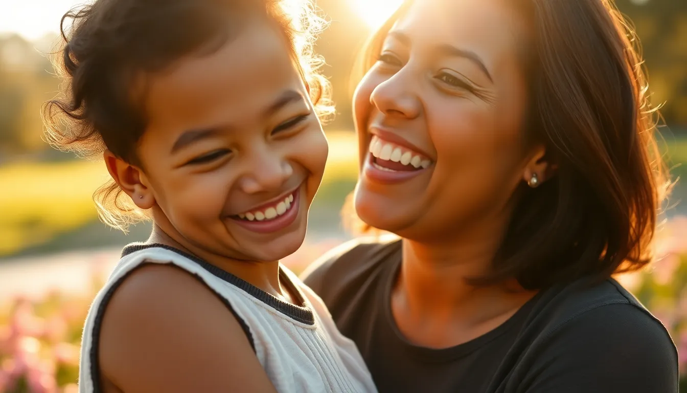 This heartwarming image captures a joyful moment between a mother and child in a vibrant park during golden hour. Bathed in soft, warm light, their expressions radiate happiness as they embrace each other. The cheerful colors of blooming flowers in the background add to the uplifting mood, creating a beautiful contrast against the golden backdrop. The shallow depth of field emphasizes their bond, making it a perfect representation of parenting love.