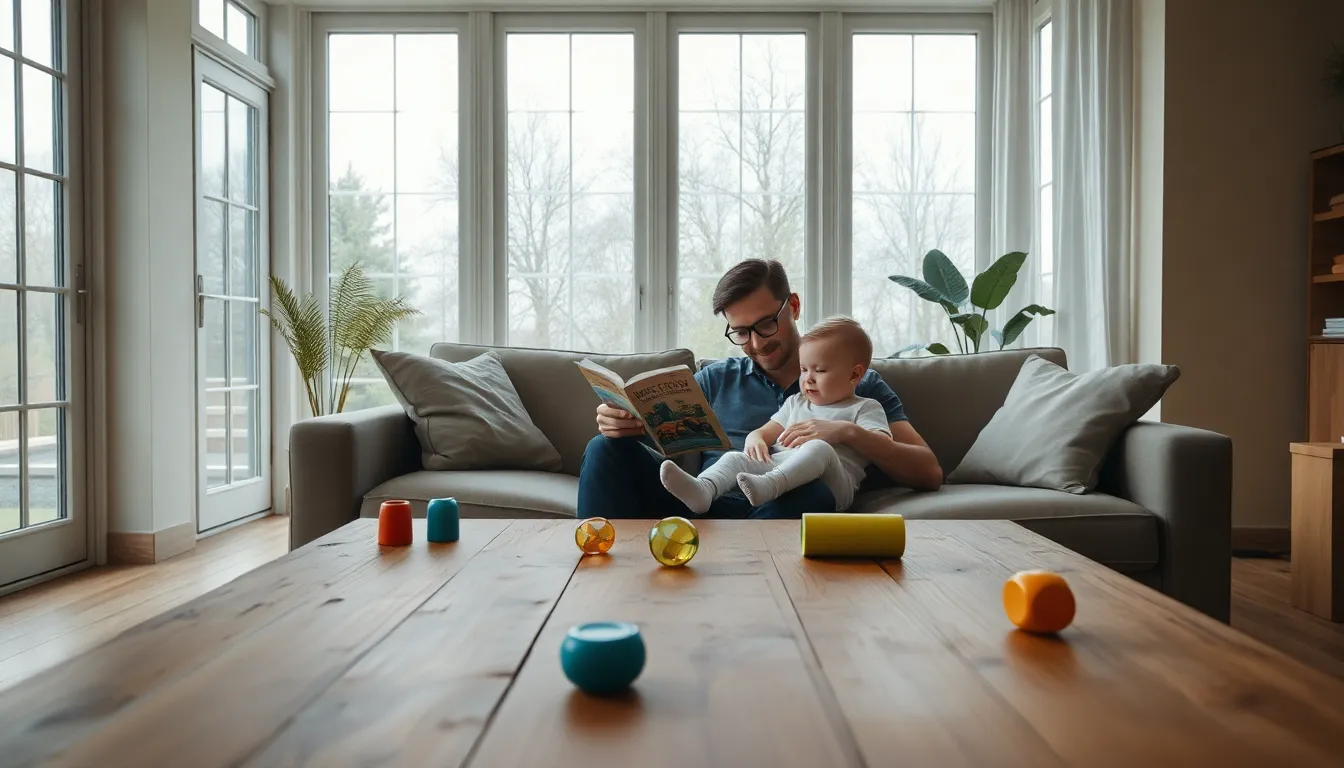 This serene image depicts a father reading to his baby in a cozy indoor setting, lit by soft, diffused daylight streaming through large windows. The warm, muted color palette enhances the intimate atmosphere, creating a sense of tranquility in the room. The weathered wood table with scattered baby toys adds a homely touch, making this a perfect representation of parenting and bonding. The composition emphasizes their connection, drawing the viewer's eye to the playful interaction.