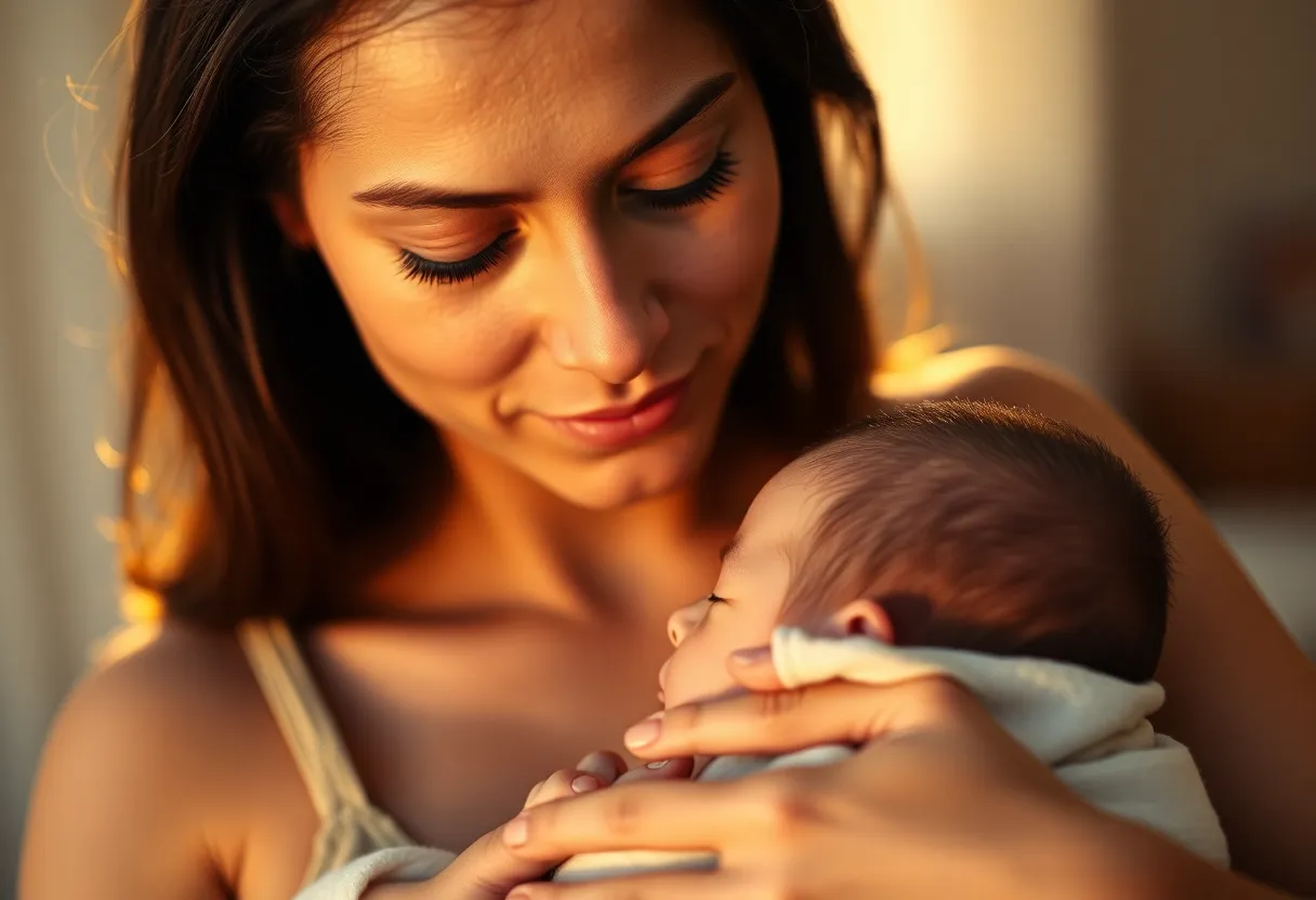 A poignant moment captured at golden hour, where a mother gently cradles her newborn. The soft light bathes them in warmth, enhancing the emotional bond between them. The background blurs softly, drawing focus to their faces, brimming with tenderness. With the use of film-inspired colors, the image evokes feelings of love and connection, while the detail of their skin textures adds realism to the scene.