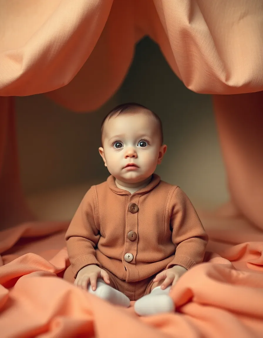 This captivating portrait features an adorable baby dressed in a charming vintage outfit, set against a soft pastel backdrop. The careful lighting creates a warm atmosphere while emphasizing the baby's curious expression and delicate features. The creamy bokeh surrounding the subject adds to the dreamy quality of the image. This perfectly captures the essence of early childhood’s innocence and beauty.
