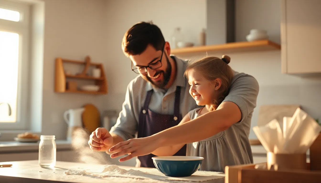 This delightful scene illustrates a father and daughter sharing a playful baking experience in a sunlit kitchen. The golden hour light bathes them in warmth, while flour particles create a magical, nostalgic feel. Their expressions reflect joy and concentration, symbolizing the cherished moments of parenting. The warm color palette and careful composition highlight the bond between them as they engage in this creative activity together.