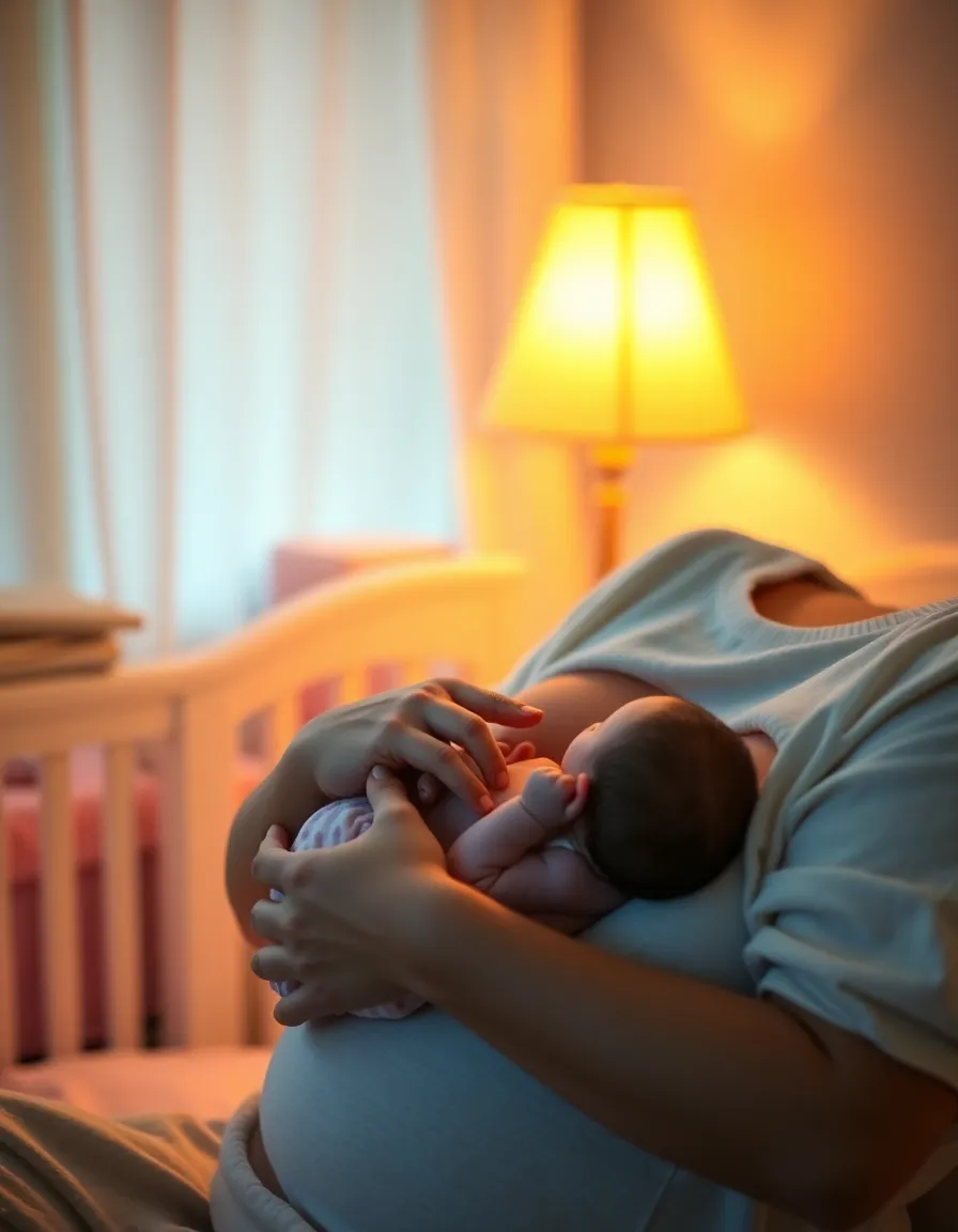 Mother Breastfeeding Newborn in Serene Nursery This intimate portrait showcases a nurturing mother breastfeeding her newborn in a softly lit nursery. The gentle warm light and serene atmosphere create a warm embrace, highlighting the tender bond between them. The emphasis on natural skin textures and soft pastels adds depth to this peaceful moment, making it a heartfelt representation of early parenting.