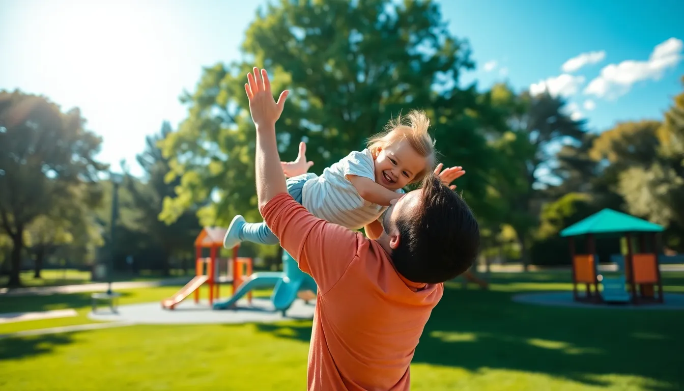 In a bright outdoor park, a father joyfully lifts his child high in the air under a clear blue sky. The filtered sunlight creates playful highlights that reflect their happiness, with lush greenery surrounding them. This moment captures the essence of parenting, showcasing joy, laughter, and connection between father and child, enhanced by vibrant colors and natural textures.