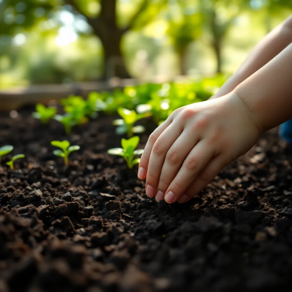 This captivating close-up captures a child's hands gently planting seeds in rich, dark soil, showcasing the nurturing aspect of parenting. Soft dappled light filters through the trees, enhancing the connection to nature and growth. The vibrant greens of the seedlings contrast beautifully with the earthy browns of the soil, inviting viewers into this intimate learning moment. The shallow depth of field emphasizes the child's delicate gestures, reflecting the theme of care and cultivation in family life.