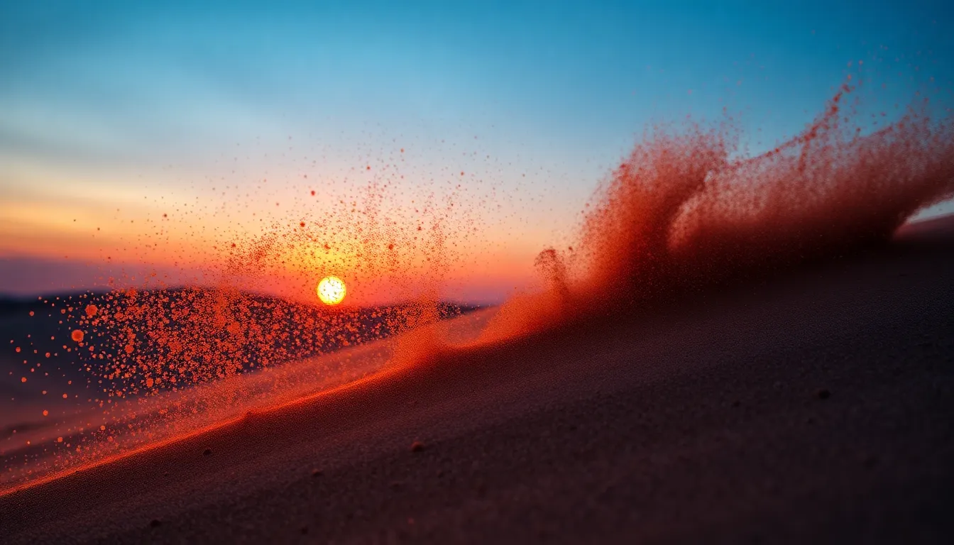 Sand Particles Dancing in a Dusk Windstorm This dramatic image captures fine sand particles swirling in the air during a windstorm at dusk. Illuminated by warm golden light from the setting sun, the particles create a striking contrast against the cool twilight sky. The use of macro photography effectively highlights the textures of the sand, adding depth to the composition. The flowing wave patterns formed by the airborne particles evoke a sense of movement, showcasing nature's beauty in action.