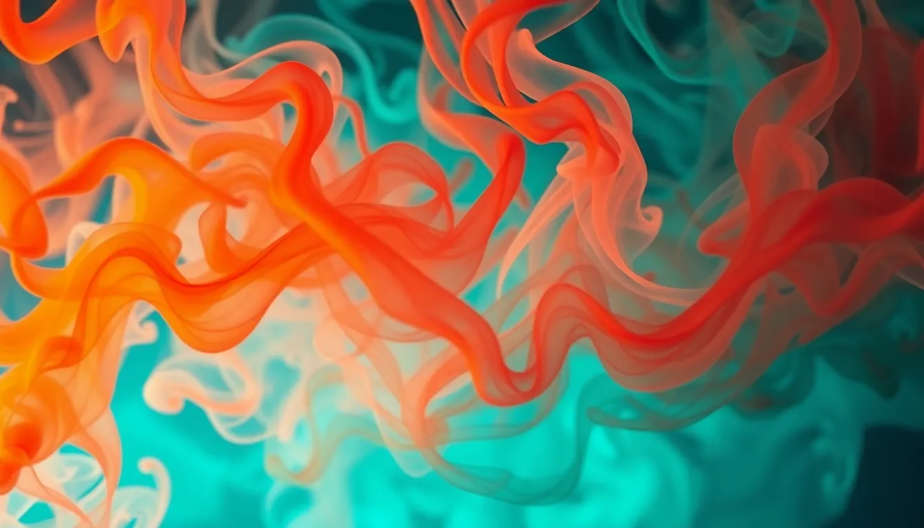 This captivating image showcases a swirling formation of colorful smoke, artistically filling the frame with motion and life. The studio lighting enhances the vibrancy of the colors, with a striking teal and orange color palette that adds depth and drama. The symmetrical composition draws the viewer's eye to the intricate details within the smoke, creating a sense of wonder and intrigue.