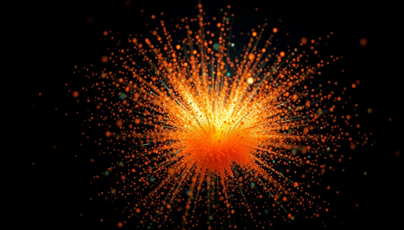 Colorful Particle Explosion This dynamic image captures an explosion of colorful particles in a vivid display of motion and energy. The dramatic backlighting creates a stunning halo effect around the particles, while shallow depth of field adds a dreamy essence to the core explosion. Enhanced with a cinematic color grading of teal and orange, the image achieves a vibrant contrast that captivates the viewer. This piece is perfect for illustrating concepts of creativity and dynamic processes in visual narratives.