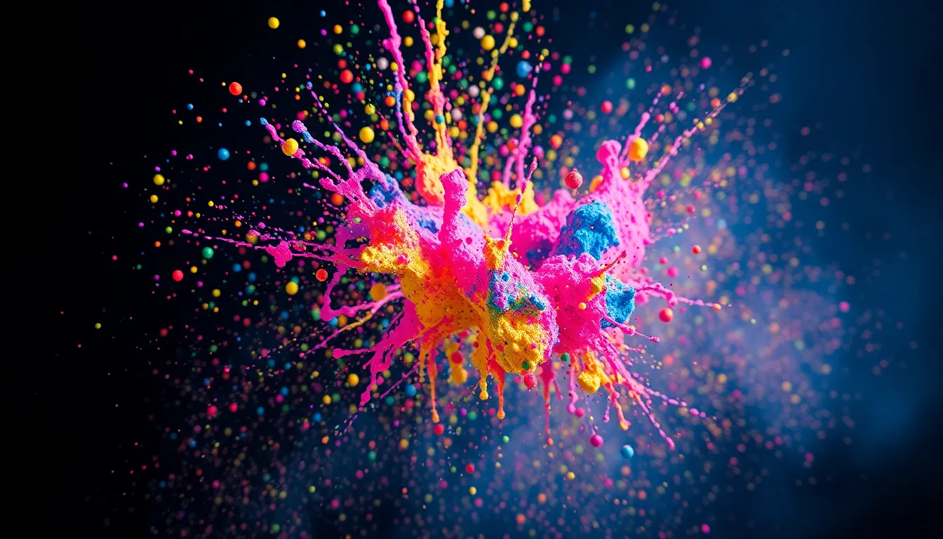 Vibrant Paint Particles in Mid-Air Explosion
