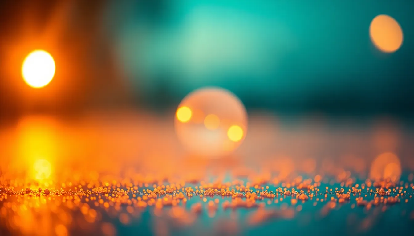 Magical Particles Surrounding Glowing Orb This image captures an enchanting scene where ethereal particles swirl around a glowing orb, creating a magical atmosphere. The warm golden hour light enhances the shimmering effects of the particles, set against a soft bokeh background. The rich teal and orange tones give the image an inviting cinematic feel, while the detailed texture of the misty surface beneath adds depth to the composition. This visually striking image conveys a sense of wonder and mystery.