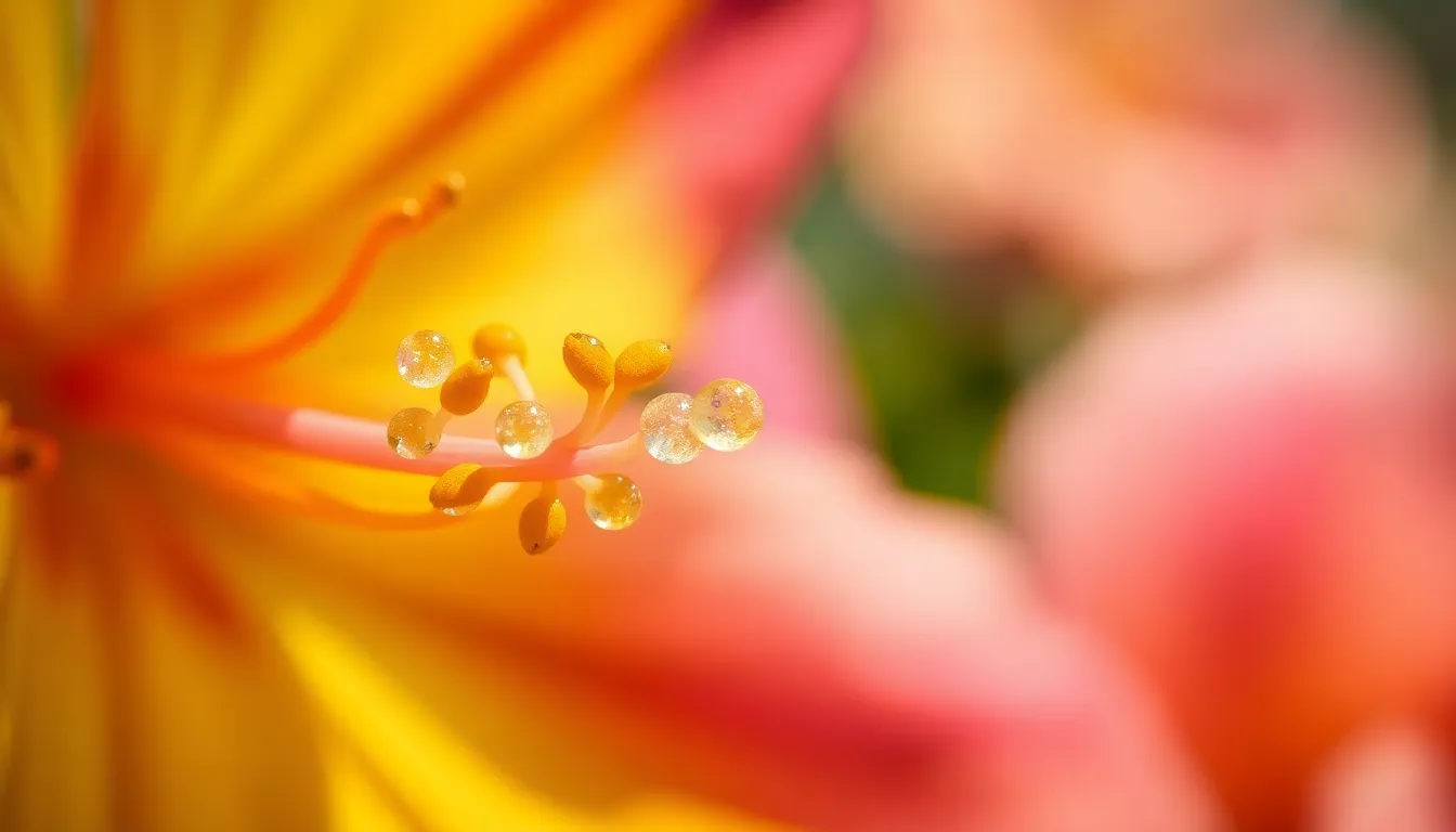 Macro Pollen Particles on Flower An extraordinary close-up of pollen particles clinging to a flower's stamen, captured in vibrant daylight. The rich colors of bright yellows and greens highlight the freshness of the scene, while natural lighting reveals intricate details in both the pollen and the flower's delicate textures. With selective focus on the pollen grains, the image draws attention to these tiny yet significant elements of nature, inviting viewers to appreciate the complexities of the natural world. Perfect for botanical photography enthusiasts.